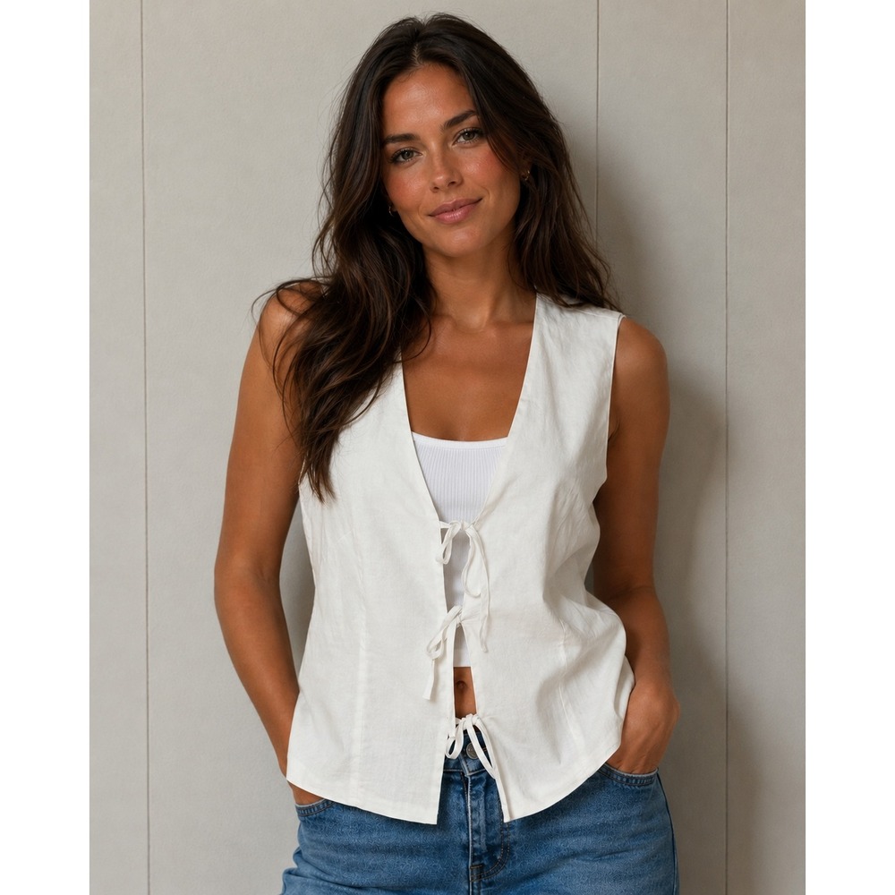 Steve Madden Aliza White Tie Front Vest Top Cotton Poplin V-Neck Size Medium